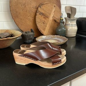 Troentorp slip-on clogs, brown leather, wooden heel, size 38